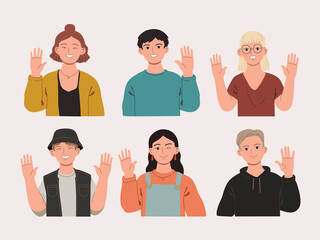 Set of happy young men and women waving hand and smiling. Greeting gesture. Male and female characters in casual clothes. Hand drawn flat vector cartoon character illustration 