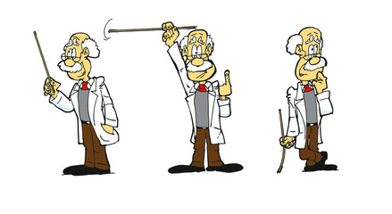 Older bald and grey professor with a pointing stick in 3 poses telling something illustration.