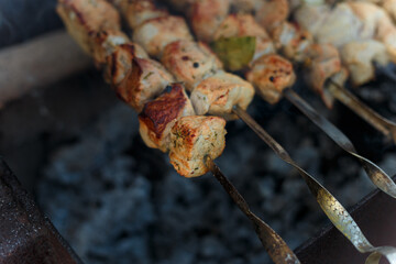Soft focused shot of marinaded pork meat pieces on skewers frying over bonfire. Kebab or traditional shashlik cooking with lot of smoke.