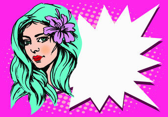 Wow a feminine pop art face. With blue eyes, an open lips, and a speech bubble,  sexy young woman is astonished. Bright vector backdrop in the manner of a pop art retro comic. Poster for a party invit