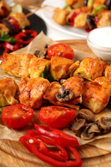Concept of tasty food with chicken shashlik, close up