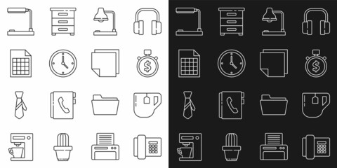 Set line Telephone, Cup of tea with tea bag, Time is money, Table lamp, Clock, File document, and Post note stickers icon. Vector