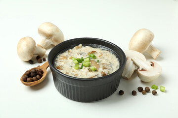 Concept of tasty food with mushroom sauce on white background