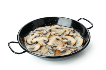 Bowl with mushroom sauce isolated on white background