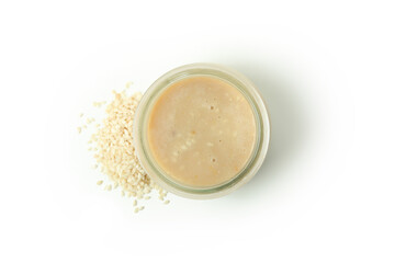 Concept of tasty food with tahini sauce isolated on white background