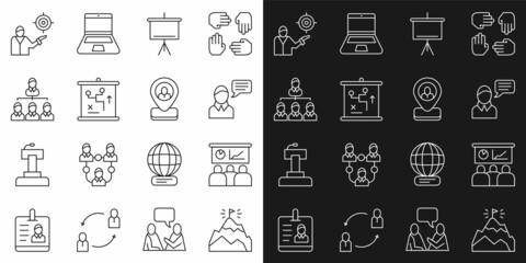 Set line Mountains with flag, Training, presentation, Speech bubble chat, Chalkboard, Planning strategy concept, Hierarchy organogram chart, Marketing target and Worker location icon. Vector
