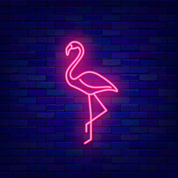 Pink flamingo neon icon. Wild bird in Africa. Birthday present. Outer glowing effect poster. Vector stock illustration