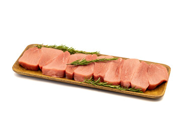Raw roast beef isolated on a white background. Close-up roast beef. Horizontal view