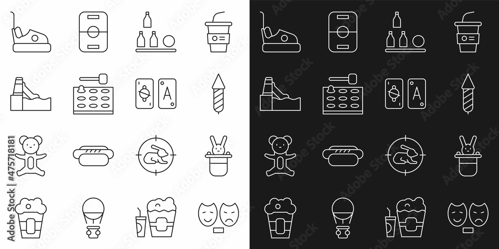 Sticker Set line Comedy and tragedy masks, Magician hat rabbit, Firework rocket, Bottles ball, Arcade game machine, Water slide, Bumper car and Tarot cards icon. Vector