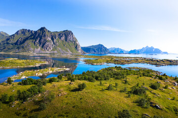 Fototapeta na wymiar Aerial landscape of Lofoten Islands in Norway with mountains and ocean