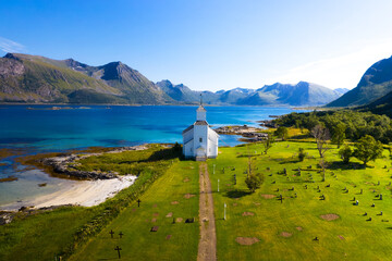 Aerial view of Gimsoy church on Lofoten Islands in Norway