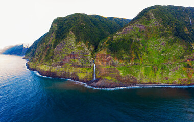 Aerial view of a waterfall near Seixal village in the Madeira Islands, Portugal