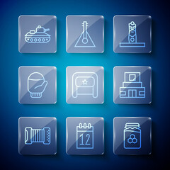 Set line Accordion, Calendar 12 june, Jar of honey, Slavic pagan idol, Ushanka, Christmas mitten, Military tank and Mausoleum Lenin icon. Vector