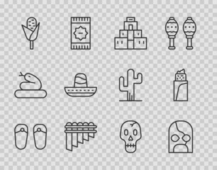 Set line Flip flops, Mexican wrestler, Chichen Itza in Mayan, Pan flute, Corn, sombrero, Skull and Burrito icon. Vector