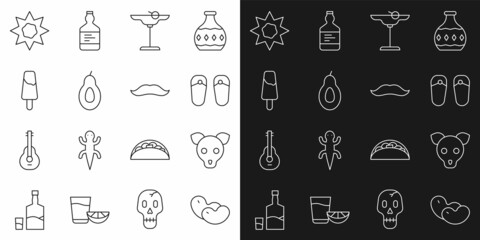 Set line Beans, Dog, Flip flops, Margarita cocktail, Avocado, Popsicle ice cream, Sun and Mustache icon. Vector