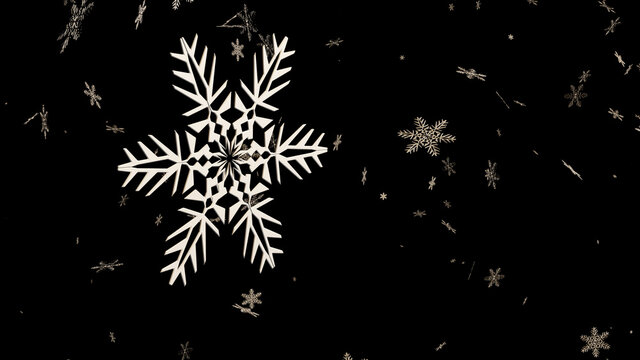 3d render of many of the glowing white snowflake flowing with the wind in the dark