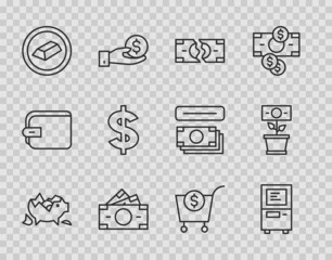 Set line Broken piggy bank, ATM, Tearing money banknote, Stacks paper cash, Gold bars, Dollar symbol, Shopping cart and dollar and Money plant the pot icon. Vector