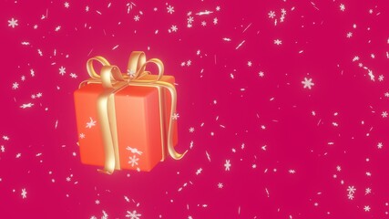 Fototapeta premium 3d render image of red gift box with yellow ribbon floating with glow white snowflake in reddish purple background