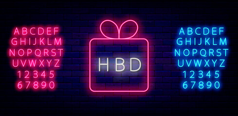 Birthday gift neon sign with alphabet. Holiday emblem. Outer glowing effect banner with font. Vector stock illustration