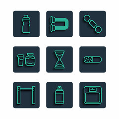 Set line Horizontal bar, Punching bag, Bathroom scales, Dumbbell, Old hourglass, Sports nutrition, Fitness shaker and Vitamin pill icon. Vector