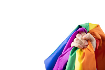 Lgbt flag in hand isolated on white background,pride concept, global solidarity with homosexuals, sexual minorities, freedom