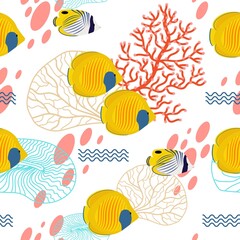 Sea life coral and fish seamless pattern.