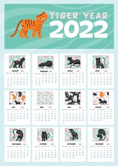 Vertical vector tiger calendar for next 2022 year.