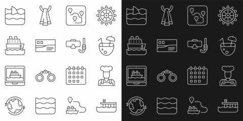 Set line Beach pier dock, Cook, Coconut cocktail, Route location, Postcard travel, Cruise ship, Shark fin in ocean wave and Diving mask and snorkel icon. Vector