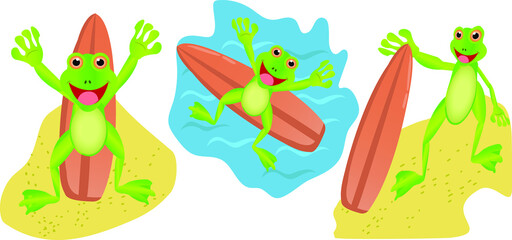 Illustration of cartoon frog playing with the surfboard, drifting, and surfing. Funny frog standing, raising hands, and holding surfboard with one hand. Set of frogs and funny behaviors. 