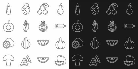 Set line Melon fruit, Garlic, Fresh cucumber, Cherry, Corn, Peach, Eggplant and Tomato icon. Vector