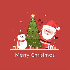 Merry Christmas and happy new year 2022 greeting card. Snowman and Santa Claus cartoon character. Cute Christmas mascot.