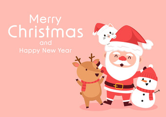 Fototapeta na wymiar Merry Christmas and happy new year 2022 greeting card. Santa Claus cartoon Cute Christmas mascot.