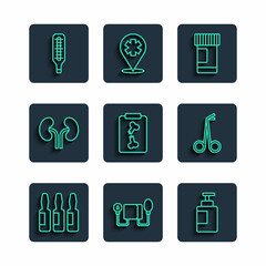 Set line Medical vial, ampoule, Blood pressure, Hand sanitizer bottle, Medicine pills, X-ray shots, Human kidneys, thermometer and scissors icon. Vector