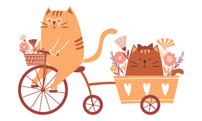 Cute cartoon cat rides a bicycle and carries a cat in a cart with flowers. Happy, adorable characters for Valentine's day cards. Vector childish illustration isolated on a white background.