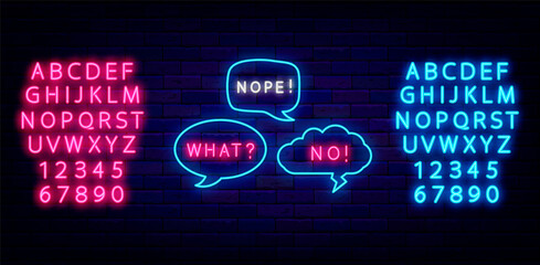 Retro speech bubbles neon sign collection. Nope, no and what shiny text. Blue and pink alphabet. Vector illustration - obrazy, fototapety, plakaty