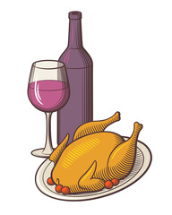 Bottle of red wine, wineglass and fried chicken in a plate. Retro style colored vector illustration