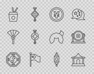 Set line Yin Yang, Chinese house, Yuan currency, China flag on flagpole, Noodles box and chopsticks, paper lantern, and Gong icon. Vector