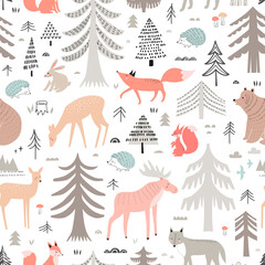 Seamless pattern  with woodland animals. Vector background in scandinavian style.