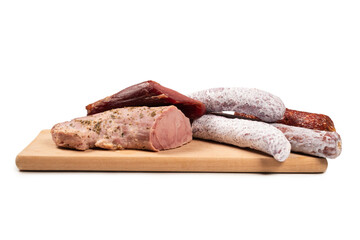 Various of meat, smoked meat, sausage, salami isolated on a white.