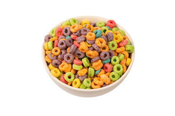 Colorful rings cereal spill out into a bowl. Breakfast. Isolated.