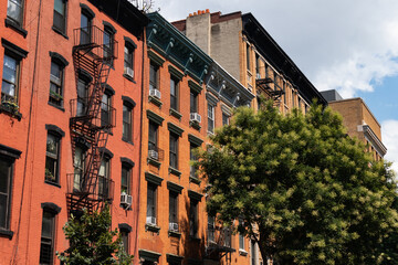 Row of Colorful Old Brick Apartment Buildings in the East Village of New York City