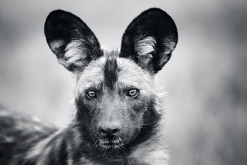 Wild dog, Lycaon pictus, facial portrait close-up in black and white. Endangered wildlife.  - 475724959
