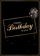 Golden black birthday card with balloon. Vector greeting card.