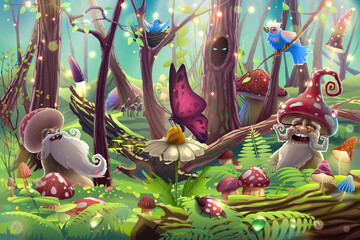 Magic mushrooms in forest garden with trees illustration art, fantasy drawing with butterfly over sunlight, birds, beetles, bushes, grass, leaves in nature. Summer floral park in vector.