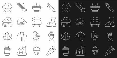 Set line Carrot, Mulled wine, Waterproof rubber boot, Bowl hot soup, Hedgehog, Windy weather, Cloud with rain and Bench icon. Vector