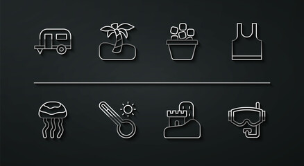 Set line Rv Camping trailer, Jellyfish, Sleeveless T-shirt, Sand castle, Meteorology thermometer, Tropical palm tree, Diving mask and Ice bucket icon. Vector