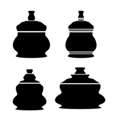 a set of kitchen utensils for food and drink storage and food preservation silhouette of different shapes in black