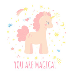 Cute card with pink unicorn and magic elements. Greeting card template with cartoon pretty character. Vector illustration isolated on a white background