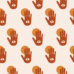 Modern minimal hand drawn seamless pattern with hand, eye and sun on pastel background. Bohemian vector ilustration.