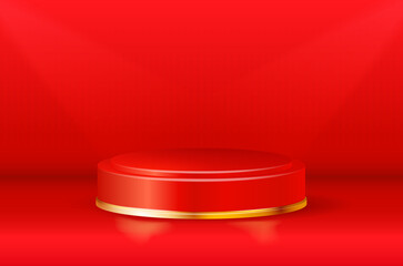 Empty red-gold glowing round podium on red background
